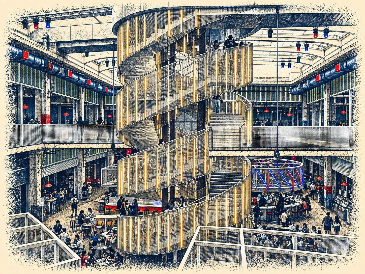 Etching of the lit staircase, balconies, and market floor inside POST Houston
