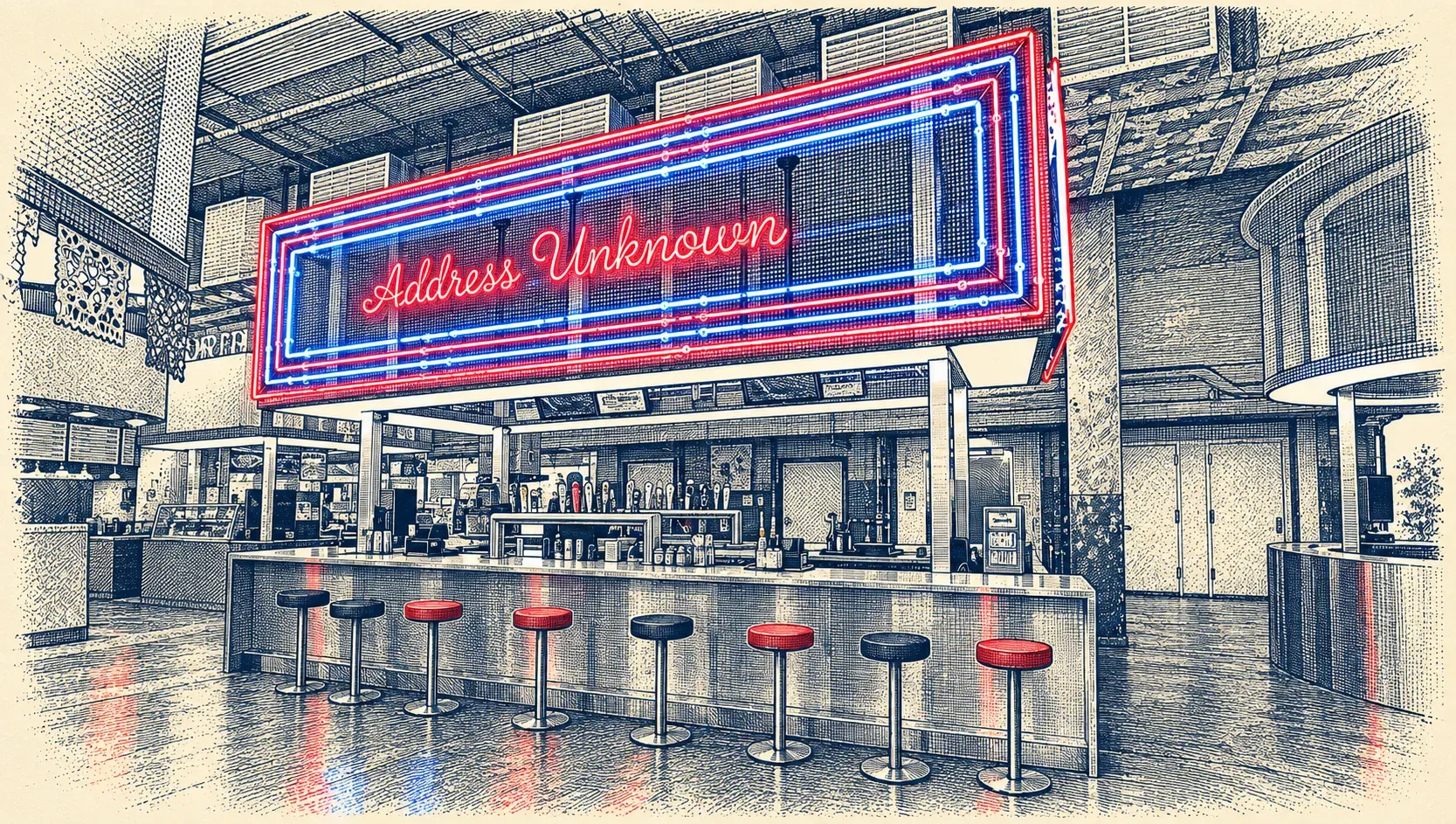 Engraved view of the Address Unknown sign and bar inside POST Market