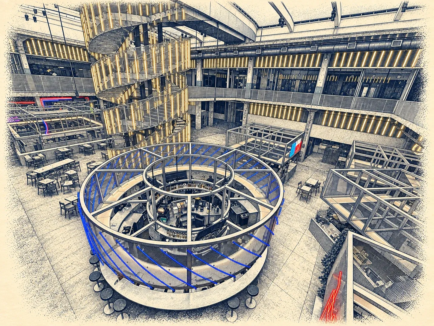 An elevated view of the Return to Sender bar and POST Market food hall