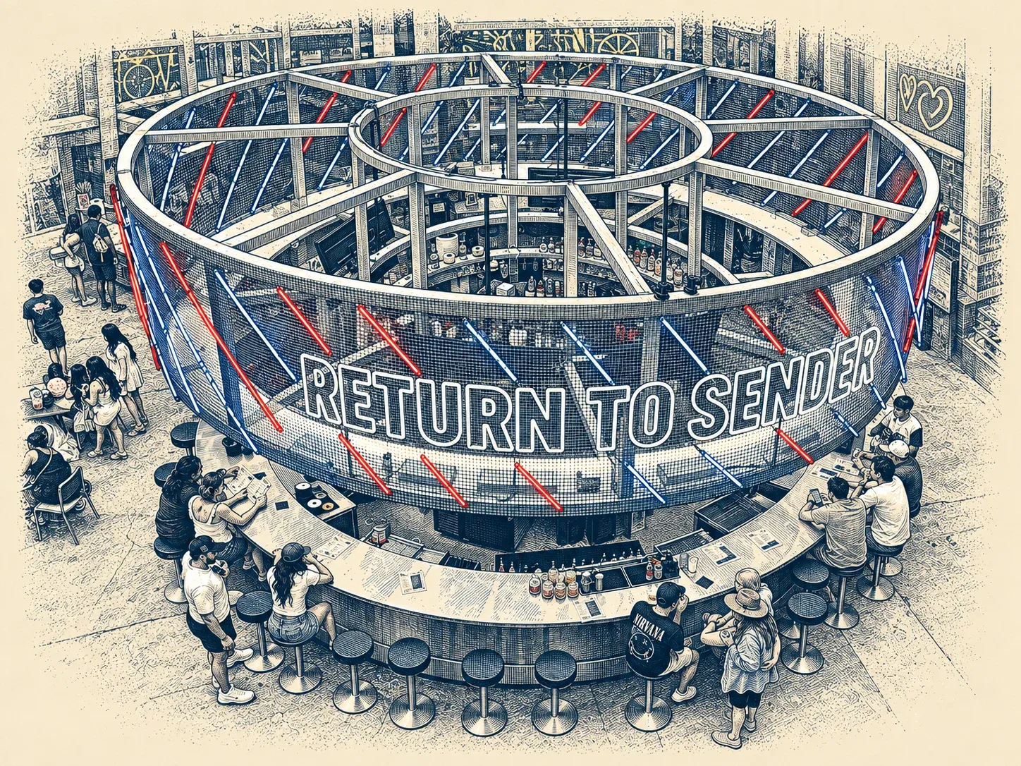 People gathered around the circular Return to Sender bar